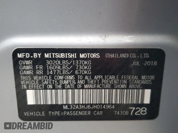 2018 Mitsubishi Mirage ES с VIN ML32A3HJ6JH014964, выставлен на аукционе Copart как лот 44073165 с пробегом 79 963 миль миль и Списание • Salvage title. История ставок и продаж доступна на DreamBid. Изображение 13.