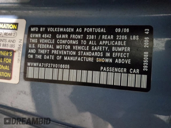 2007 Volkswagen Eos 2.0T with VIN WVWFA71F27V016605, listed as a Copart auction lot 42120195 with 110,788 mi miles and Salvage Title. Bid and sale history available at DreamBid. Image 12.