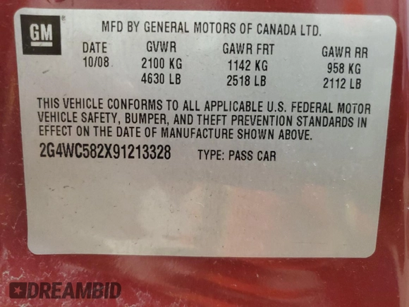 2009 Buick LaCrosse CX with VIN 2G4WC582X91213328, listed as a Copart auction lot 48636535 with 190,457 mi miles and Clean Title. Bid and sale history available at carsss.com. Image 12.