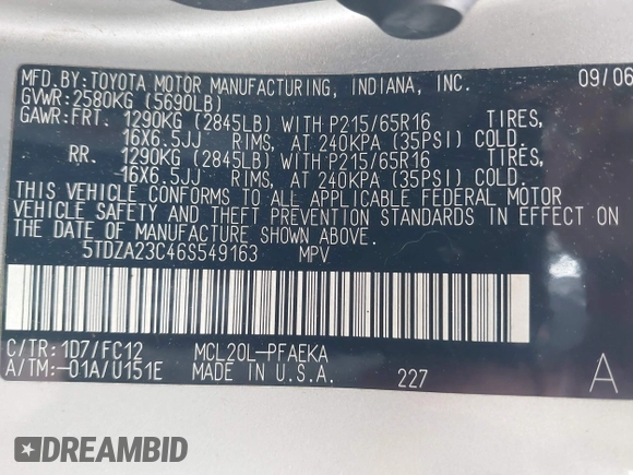 2006 Toyota Sienna CE with VIN 5TDZA23C46S549163, listed as a IAAI auction lot 42177655 with 200,231 mi miles and . Bid and sale history available at DreamBid. Image 9.