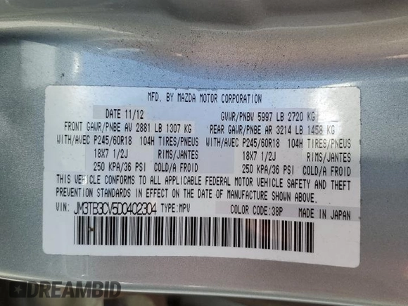 2013 Mazda CX-9 Touring with VIN JM3TB3CV5D0402304, listed as a Copart auction lot 58009705 with 110,247 mi miles and Salvage title. Bid and sale history available at DreamBid. Image 13.