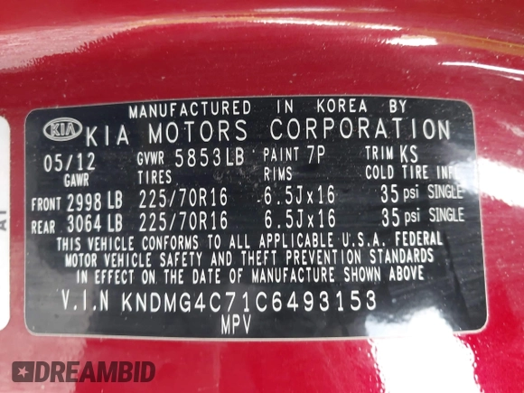 2012 Kia Sedona LX with VIN KNDMG4C71C6493153, listed as a IAAI auction lot 42176426 with 122,375 mi miles. Bid and sale history available at carsss.com. Image 9.