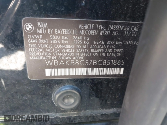 2011 BMW 7 Series 750Li с VIN WBAKB8C57BC851865, выставлен на аукционе IAAI как лот 42229423 с пробегом 92 728 миль миль и . История ставок и продаж доступна на DreamBid. Изображение 9.