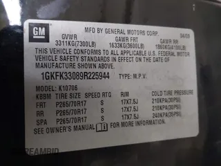 2009 GMC Yukon SLT 4SB with VIN 1GKFK33089R225944, listed as a IAAI auction lot 41914342 with 182,513 mi miles and . Bid and sale history available at DreamBid. Image 9.