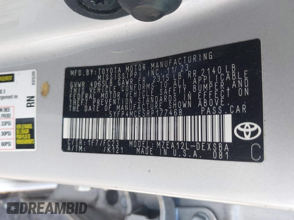 2024 Toyota Corolla SE with VIN 5YFP4MCE5RP177468, listed as a IAAI auction lot 41887980 with 19,265 mi miles and . Bid and sale history available at DreamBid. Image 9.