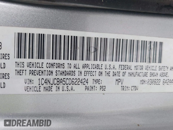 2012 Jeep Compass Sport with VIN 1C4NJCBA5CD622424, listed as a IAAI auction lot 42211700 with 120,945 mi miles and . Bid and sale history available at carsss.com. Image 9.