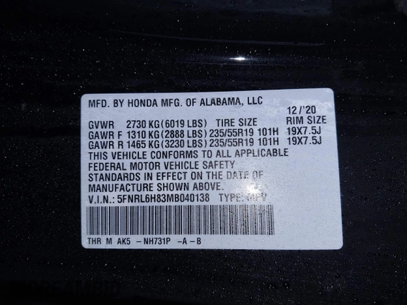 2021 Honda Odyssey Touring with VIN 5FNRL6H83MB040138, listed as a IAAI auction lot 39150096 with 61,322 mi miles and . Bid and sale history available at DreamBid. Image 17.