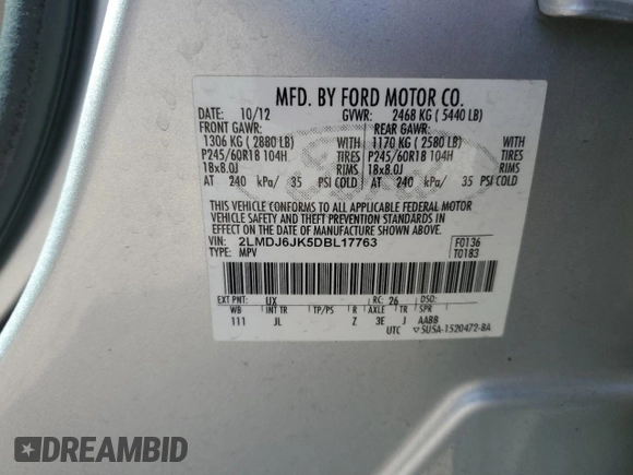 2013 Lincoln MKX with VIN 2LMDJ6JK5DBL17763, listed as a Copart auction lot 45887545 with 124,363 mi miles and Salvage Title. Bid and sale history available at carsss.com. Image 13.