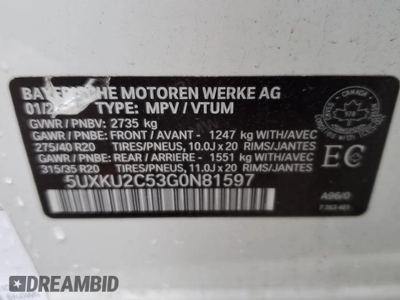 2016 BMW X6 xDrive35i with VIN 5UXKU2C53G0N81597, listed as a Copart auction lot 81698683 with 81,015 mi miles. Bid and sale history available at carsss.com. Image 13.