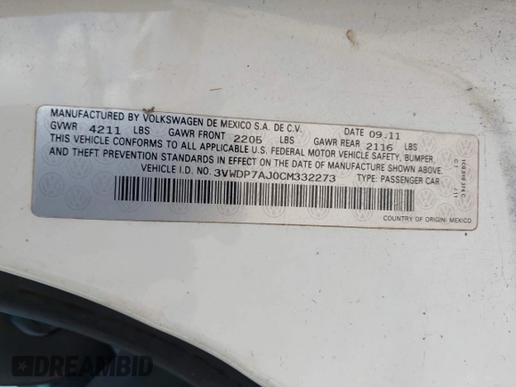 2012 Volkswagen Jetta SE z VIN 3VWDP7AJ0CM332273, wystawiony jako IAAI lot #42807798 z przebiegiem 160 501 mil mil oraz . Historia ofert i sprzedaży dostępna na DreamBid. Obrazek 9.