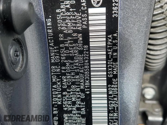 2011 Toyota Avalon with VIN 4T1BK3DB5BU432218, listed as a Copart auction lot 47085275 with 195,322 mi miles and Salvage Title. Bid and sale history available at DreamBid. Image 12.
