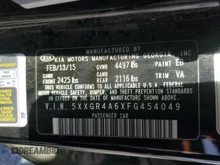 2015 Kia Optima SX Turbo with VIN 5XXGR4A6XFG454049, listed as a Copart auction lot 52217185 with 115,675 mi miles and Salvage Title. Bid and sale history available at carsss.com. Image 15.