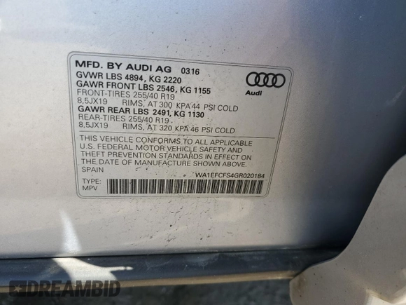 2016 Audi Q3 Premium Plus with VIN WA1EFCFS4GR020184, listed as a Copart auction lot 54449975 with 99,950 mi miles and Salvage Title. Bid and sale history available at carsss.com. Image 13.