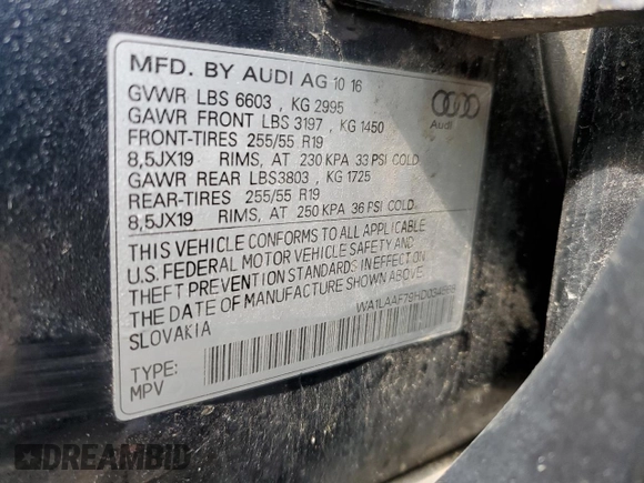 2017 Audi Q7 Premium Plus with VIN WA1LAAF79HD034568, listed as a Copart auction lot 61432345 with 131,926 mi miles and Clean title. Bid and sale history available at DreamBid. Image 13.