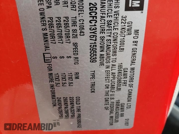 2007 Chevrolet Silverado 1500 with VIN 2GCFC13Y671595539, listed as a Copart auction lot 47355634 with 247,142 mi miles and Salvage Title. Bid and sale history available at DreamBid. Image 12.