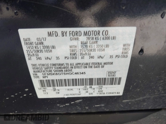 2017 Ford Explorer Sport with VIN 1FM5K8GT5HGC46345, listed as a IAAI auction lot 41732982 with 184,544 mi miles and . Bid and sale history available at carsss.com. Image 9.