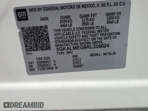 2024 GMC Terrain SLE с VIN 3GKALMEG9RL316624, выставлен на аукционе Copart как лот 65649035 с пробегом 26 012 миль миль и Чистый • Clean title. История ставок и продаж доступна на DreamBid. Изображение 14.