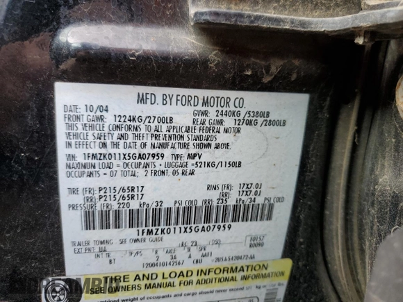 2005 Ford Freestyle SE with VIN 1FMZK011X5GA07959, listed as a Copart auction lot 42011845 with 174,501 mi miles and Salvage Title. Bid and sale history available at carsss.com. Image 13.