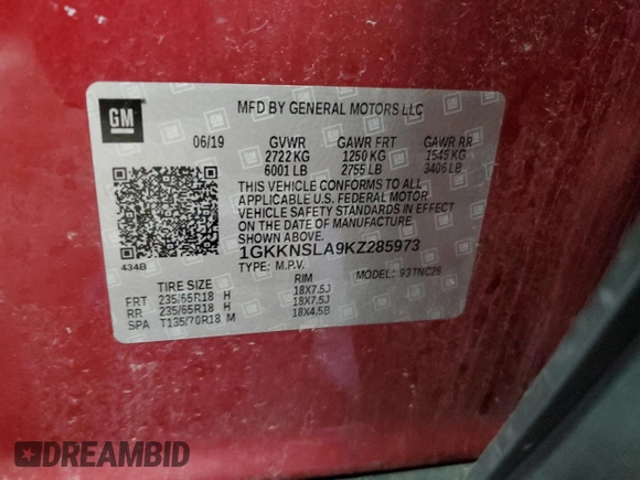 2019 GMC Acadia SLE with VIN 1GKKNSLA9KZ285973, listed as a Copart auction lot 61348295 with 86,576 mi miles and Non repairable. Bid and sale history available at DreamBid. Image 14.