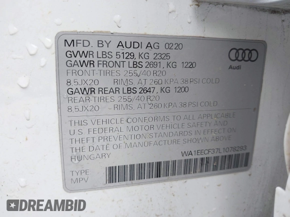 2020 Audi Q3 S line Premium Plus with VIN WA1EECF37L1078293, listed as a IAAI auction lot 42158322 with 56,345 mi miles and . Bid and sale history available at DreamBid. Image 9.