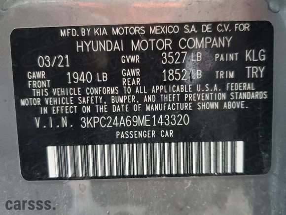 2021 Hyundai Accent SE with VIN 3KPC24A69ME143320, listed as a Copart auction lot 44724765 with 65,095 mi miles and Salvage Title. Bid and sale history available at carsss.com. Image 12.