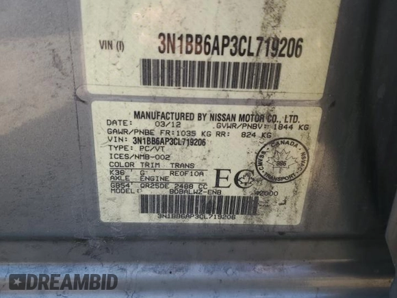 2012 Nissan Sentra SE-R with VIN 3N1BB6AP3CL719206, listed as a Copart auction lot 68712654 with 225,794 mi miles and Clean Title. Bid and sale history available at DreamBid. Image 12.