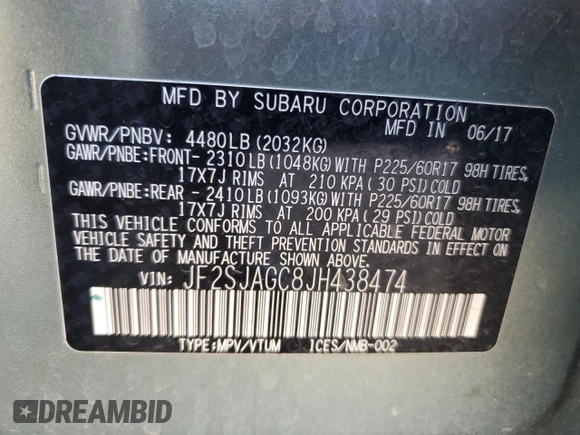 2018 Subaru Forester Premium with VIN JF2SJAGC8JH438474, listed as a Copart auction lot 53691275 with 63,404 mi miles and Salvage Title. Bid and sale history available at DreamBid. Image 12.
