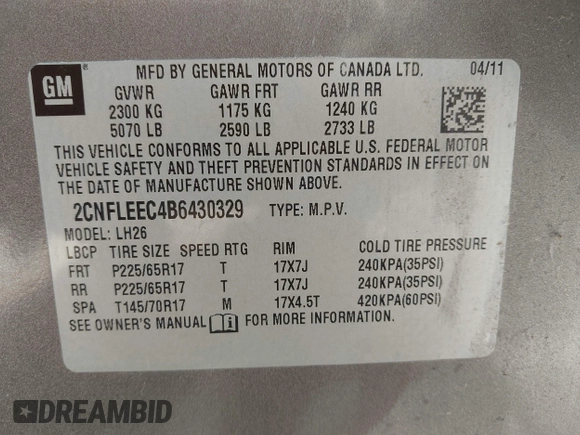 2011 Chevrolet Equinox 1LT with VIN 2CNFLEEC4B6430329, listed as a IAAI auction lot 42142878 with 134,693 mi miles and . Bid and sale history available at DreamBid. Image 9.