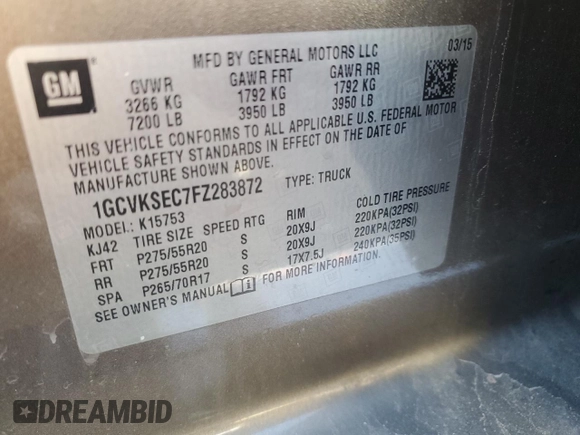 2015 Chevrolet Silverado 1500 LTZ with VIN 1GCVKSEC7FZ283872, listed as a Copart auction lot 45798645 with 0 mi miles and Salvage Title. Bid and sale history available at carsss.com. Image 12.