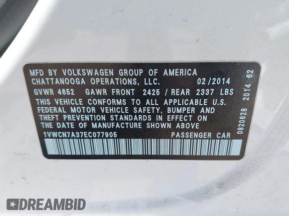 2014 Volkswagen Passat SEL Premium z VIN 1VWCN7A37EC077905, wystawiony jako IAAI lot #42421674 z przebiegiem 83 889 mil mil oraz . Historia ofert i sprzedaży dostępna na DreamBid. Obrazek 9.