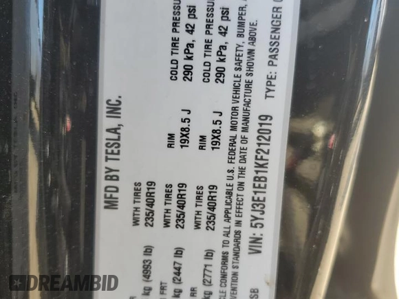 2019 Tesla Model 3 Long Range with VIN 5YJ3E1EB1KF212019, listed as a Copart auction lot 50134385 with 83,478 mi miles and Salvage Title. Bid and sale history available at DreamBid. Image 13.