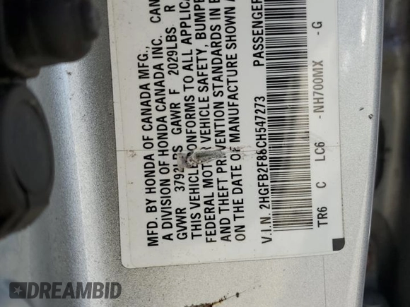 2012 Honda Civic EX with VIN 2HGFB2F88CH547273, listed as a Copart auction lot 75129954 with 206,681 mi miles and Clean Title. Bid and sale history available at DreamBid. Image 12.