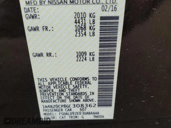 2016 Nissan LEAF S with VIN 1N4BZ0CP8GC308362, listed as a Copart auction lot 70744973 with 50,696 mi miles. Bid and sale history available at carsss.com. Image 12.