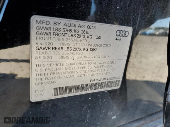 2016 Audi Q5 Premium Plus with VIN WA1CVAFP0GA020630, listed as a Copart auction lot 87548265 with 165,183 mi miles and Salvage title. Bid and sale history available at DreamBid. Image 13.