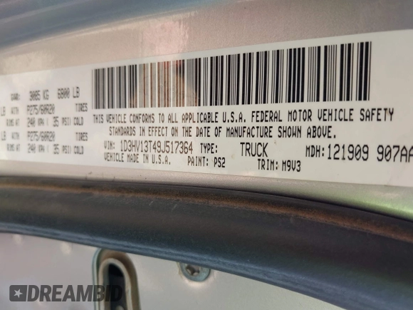 2009 Dodge 1500 SLT with VIN 1D3HV13T49J517364, listed as a IAAI auction lot 42247051 with 114,663 mi miles and . Bid and sale history available at DreamBid. Image 9.