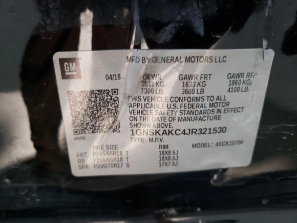 2018 Chevrolet Tahoe LS with VIN 1GNSKAKC4JR321530, listed as a Copart auction lot 43057985 with 104,553 mi miles and Salvage Title. Bid and sale history available at carsss.com. Image 13.