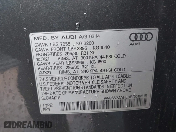 2014 Audi Q7 3.0L TDI Prestige with VIN WA1WMAFE0ED018516, listed as a IAAI auction lot 41749208 with 129,498 mi miles. Bid and sale history available at carsss.com. Image 9.