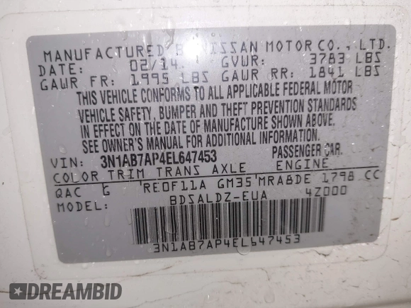 2014 Nissan Sentra S with VIN 3N1AB7AP4EL647453, listed as a IAAI auction lot 41950556 with 164,471 mi miles and . Bid and sale history available at DreamBid. Image 9.