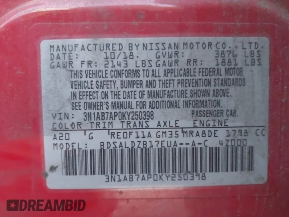 2019 Nissan Sentra SV with VIN 3N1AB7AP0KY250398, listed as a IAAI auction lot 41113513 with 111,909 mi miles and . Bid and sale history available at DreamBid. Image 9.