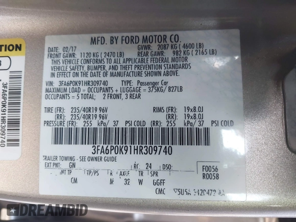 2017 Ford Fusion Titanium with VIN 3FA6P0K91HR309740, listed as a IAAI auction lot 41373824 with 95,499 mi miles and . Bid and sale history available at DreamBid. Image 9.