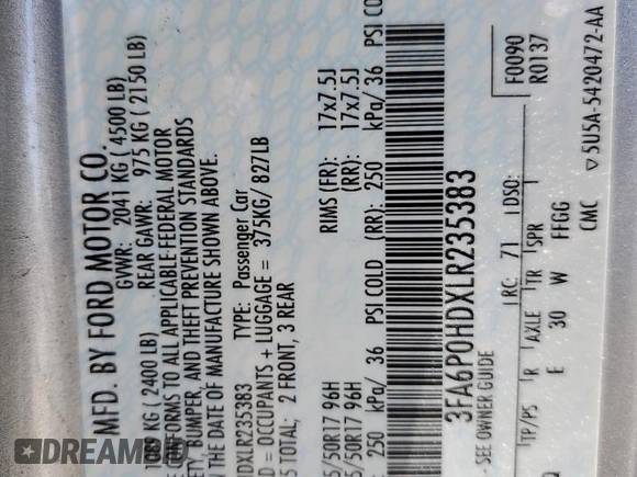 2020 Ford Fusion SE z VIN 3FA6P0HDXLR235383, wystawiony jako Copart lot #56752235 z przebiegiem 92 919 mil mil oraz Szkoda całkowita • Salvage title. Historia ofert i sprzedaży dostępna na DreamBid. Obrazek 13.