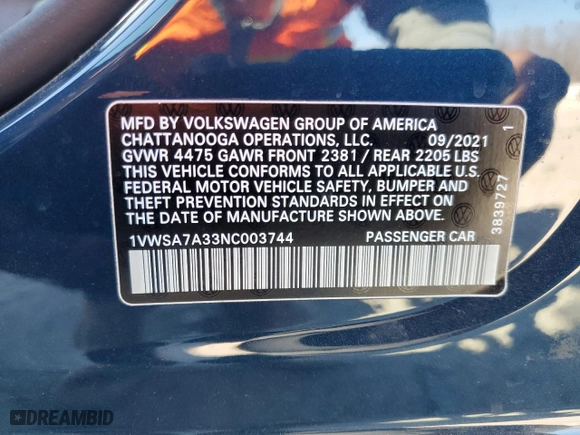 2022 Volkswagen Passat 2.0T SE with VIN 1VWSA7A33NC003744, listed as a Copart auction lot 46953595 with 32,599 mi miles and Salvage Title. Bid and sale history available at carsss.com. Image 13.