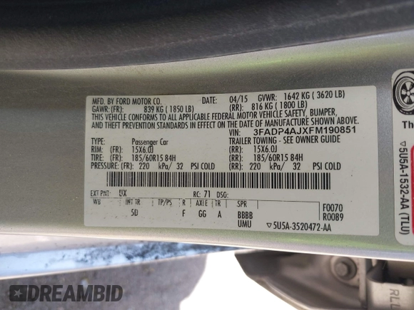2015 Ford Fiesta S с VIN 3FADP4AJXFM190851, выставлен на аукционе IAAI как лот 42139415 с пробегом 112 733 миль миль и . История ставок и продаж доступна на DreamBid. Изображение 9.