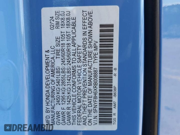 2024 Honda Passport TrailSport with VIN 5FNYF8H6XRB008887, listed as a Copart auction lot 56311425 with 18,627 mi miles and Salvage title. Bid and sale history available at DreamBid. Image 13.