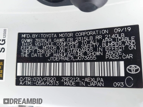 2020 Toyota Corolla LE with VIN JTDEPRAE7LJ073655, listed as a IAAI auction lot 41517910 with 83,251 mi miles. Bid and sale history available at carsss.com. Image 9.