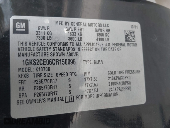 2012 GMC Yukon SLT with VIN 1GKS2CE06CR150096, listed as a IAAI auction lot 41703820 with 308,958 mi miles. Bid and sale history available at carsss.com. Image 9.