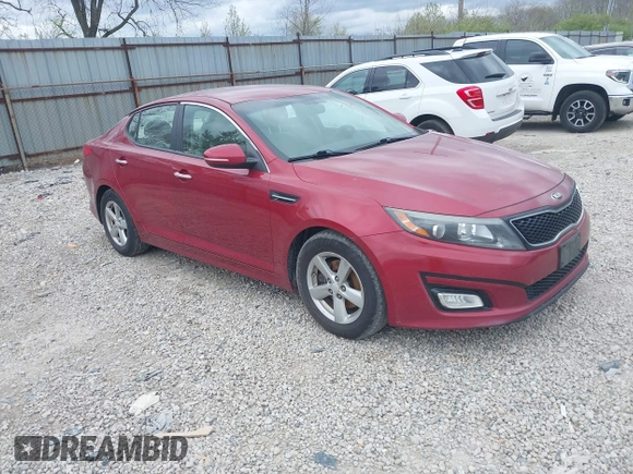 2015 Kia Optima LX with VIN 5XXGM4A7XFG446248, listed as a IAAI auction lot 42047807 with 167,000 mi miles. Bid and sale history available at carsss.com. Image 1.