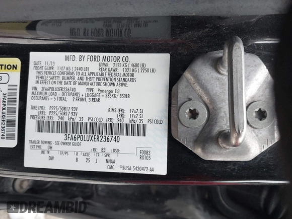 2014 Ford Fusion SE Hybrid with VIN 3FA6P0LUXER236740, listed as a IAAI auction lot 41399510 with 82,720 mi miles. Bid and sale history available at carsss.com. Image 9.