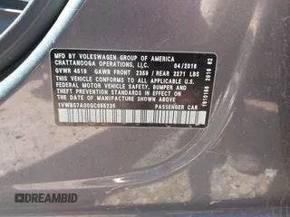 2016 Volkswagen Passat SE with VIN 1VWBS7A30GC055235, listed as a IAAI auction lot 42634670 with 155,944 mi miles and . Bid and sale history available at DreamBid. Image 9.