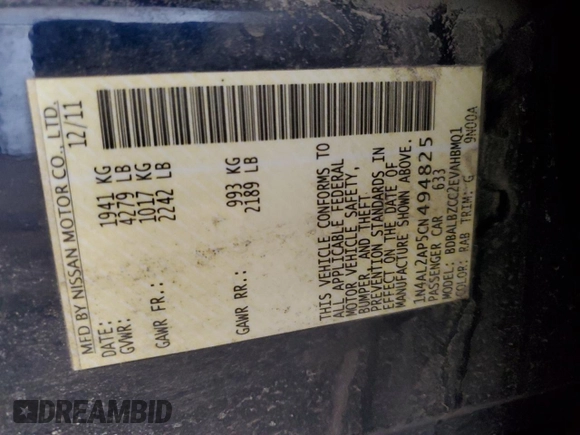 2012 Nissan Altima 2.5 S with VIN 1N4AL2AP5CN494825, listed as a Copart auction lot 47966385 with 303,358 mi miles and Salvage Title. Bid and sale history available at carsss.com. Image 12.